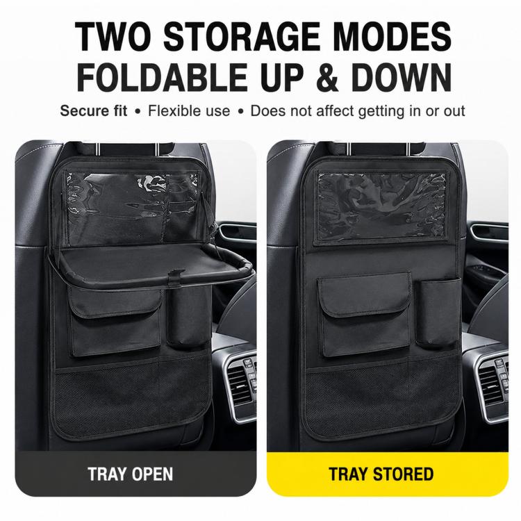 Black foldable seat back organizer showing tray open and tray stored positions