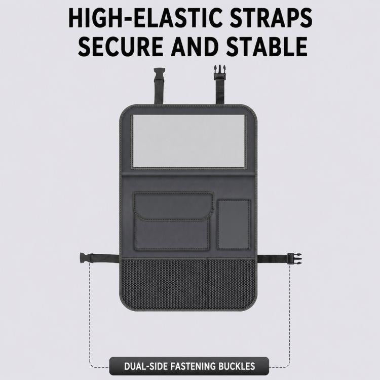Front view of seat back organizer bag with straps and dual-side fastening buckles
