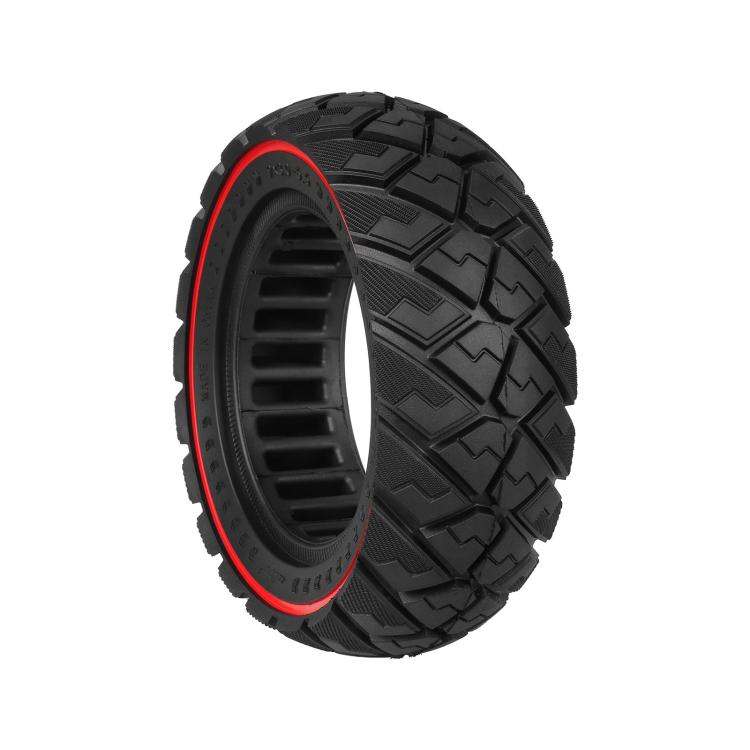 Black solid scooter tire with red sidewall stripe and blocky diamond tread.