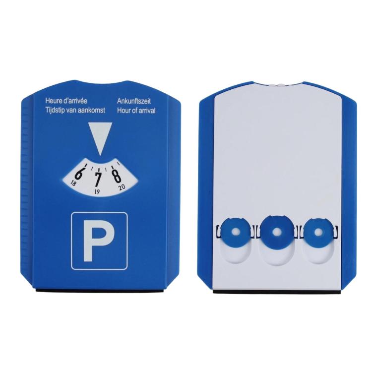 Blue parking time disc sign showing coin acceptor with three coin slots