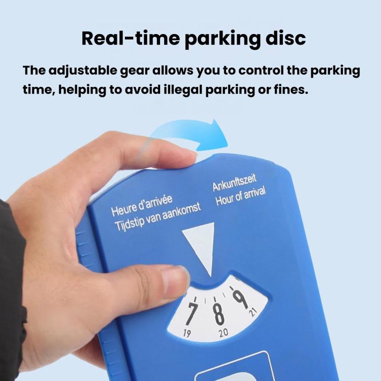 Hand setting the arrival time dial on a blue parking time disc sign
