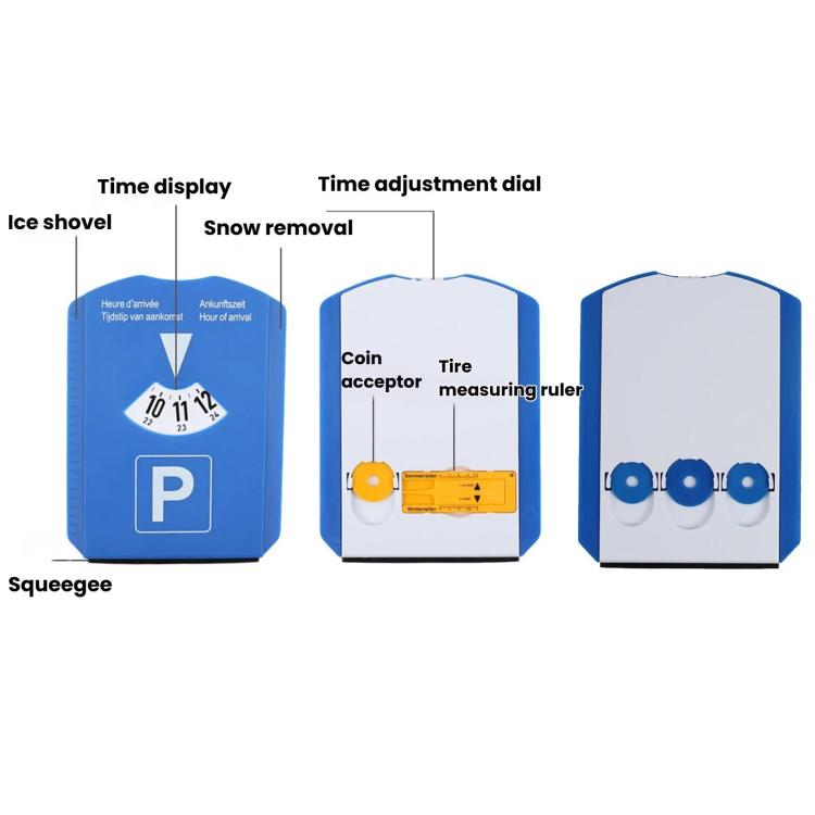 Blue parking time disc sign with adjustable dial, coin acceptor, and measuring ruler