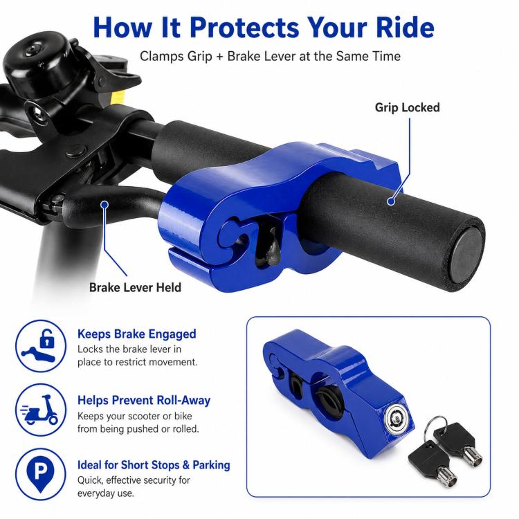 Blue grip lock on handlebar clamps brake lever and secures grip