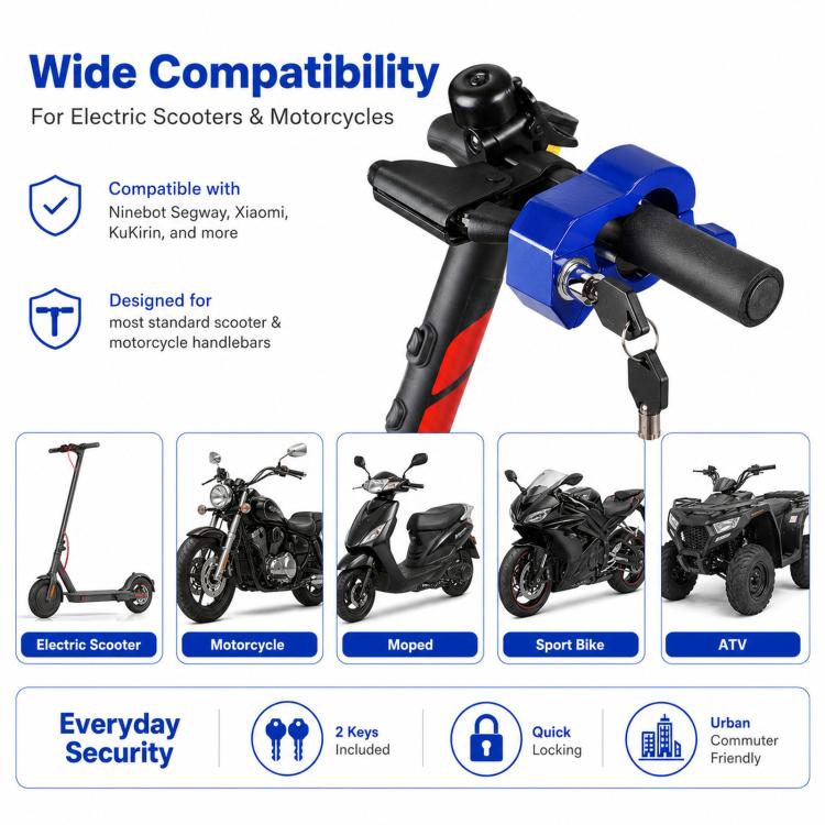 Blue handlebar grip lock with keys shown, mounted on handlebar