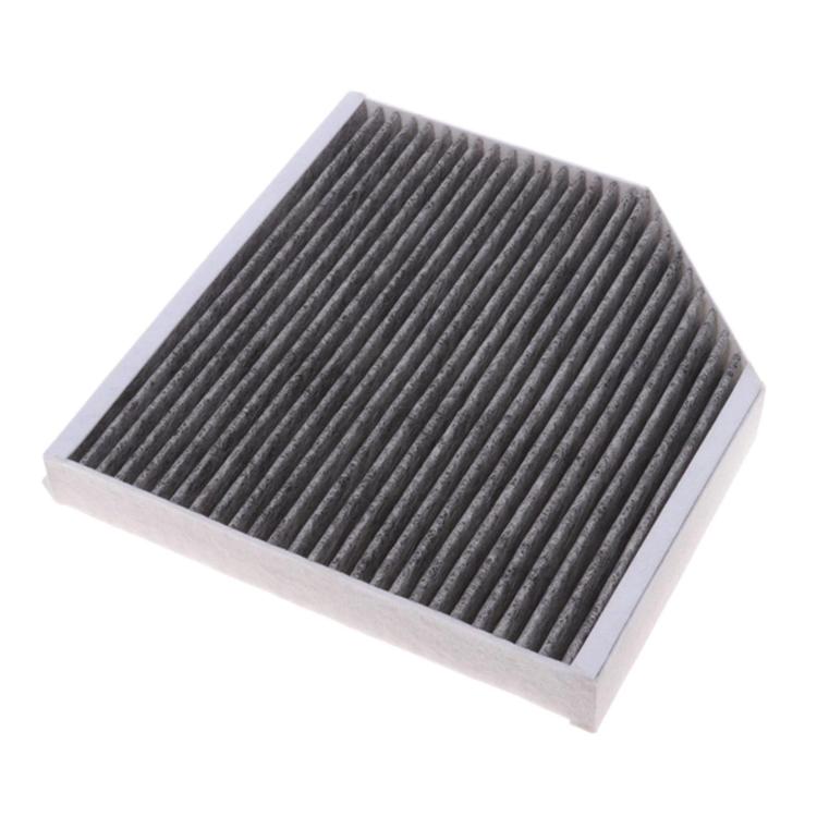 Cabin air filter, rectangular frame with dark gray pleated fibers
