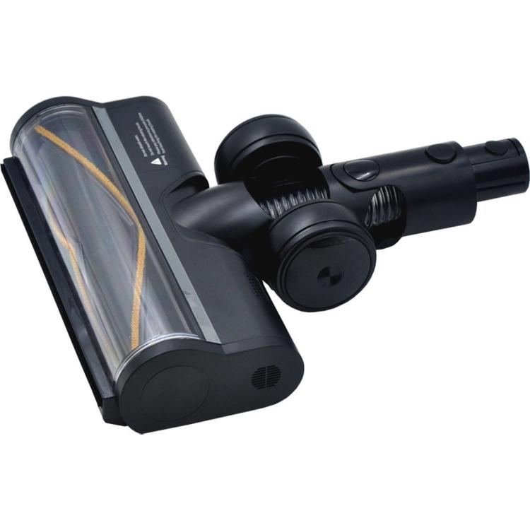 Motorized floor brush head with angled clear roller window and black suction nozzle