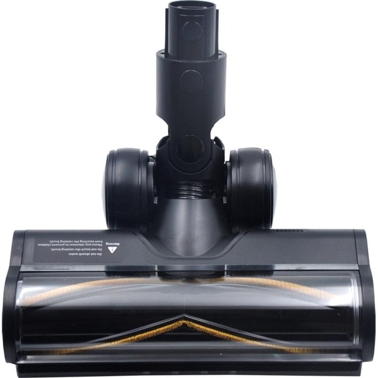 Motorized floor brush head with clear roller chamber, black wheels, and base