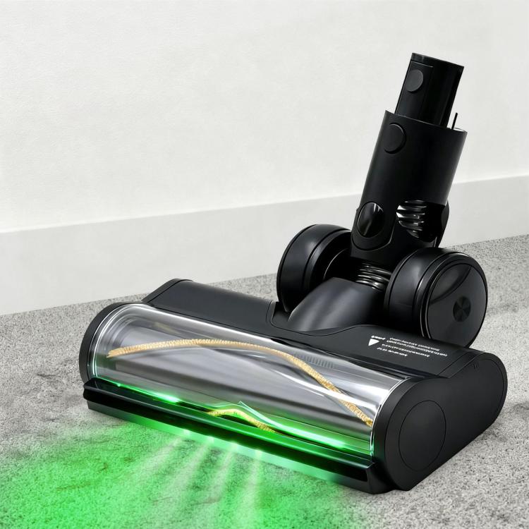 Motorized floor brush head with black housing and green dust-detecting light strip