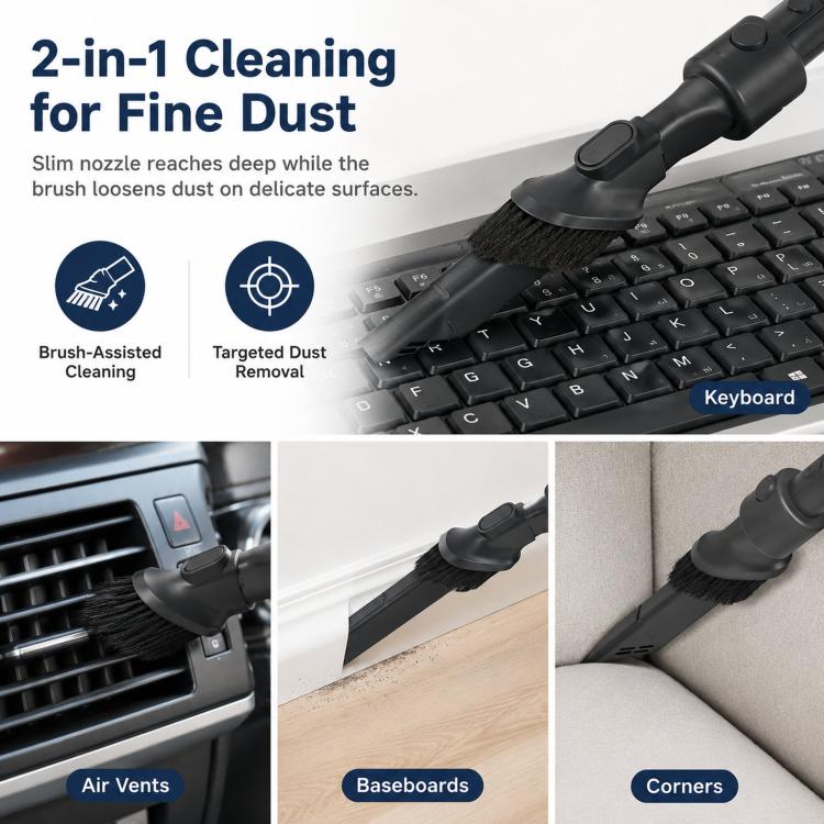 Flat brush nozzle with rounded head and wide suction slot, black vacuum attachment