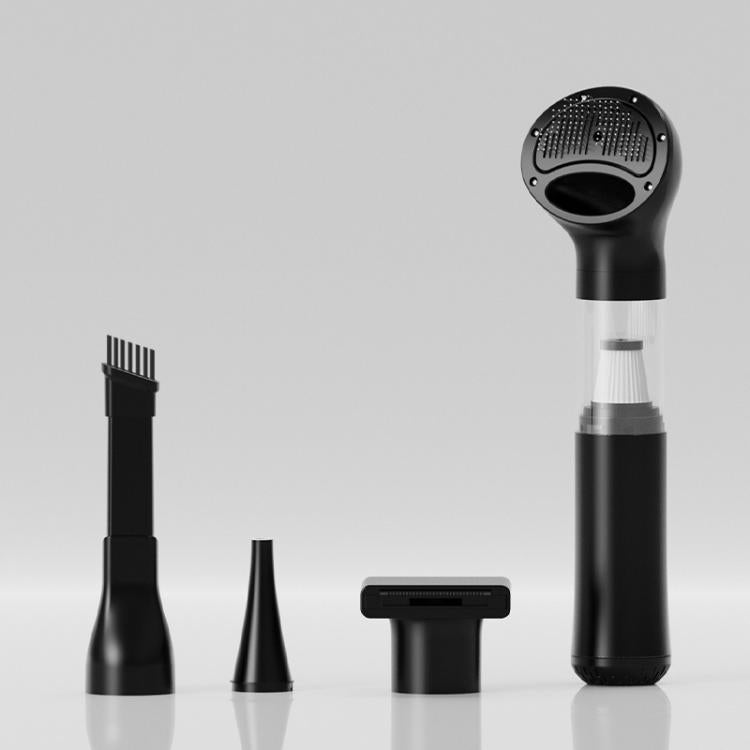 Black cordless handheld pet hair vacuum with grooming brush head and nozzle