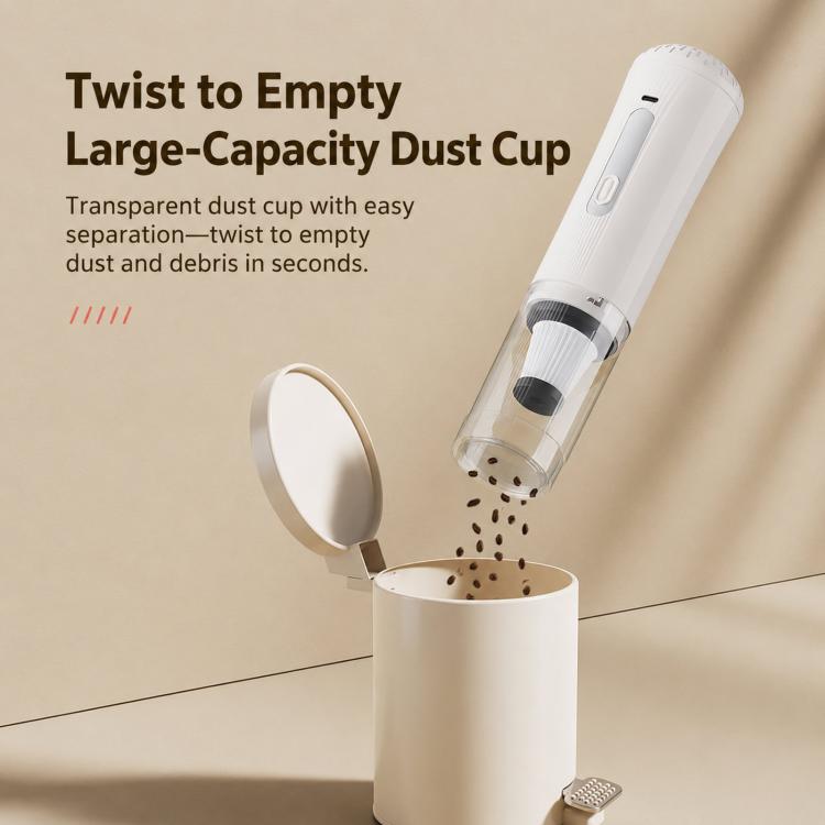 White cordless vacuum with twist-to-empty transparent dust cup releasing debris
