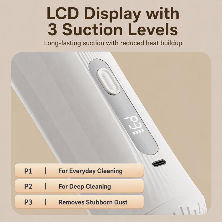 White handheld vacuum with LCD display and three suction level buttons