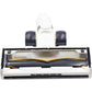 White floor brush head with exposed brush roller and side bristles, black wheels