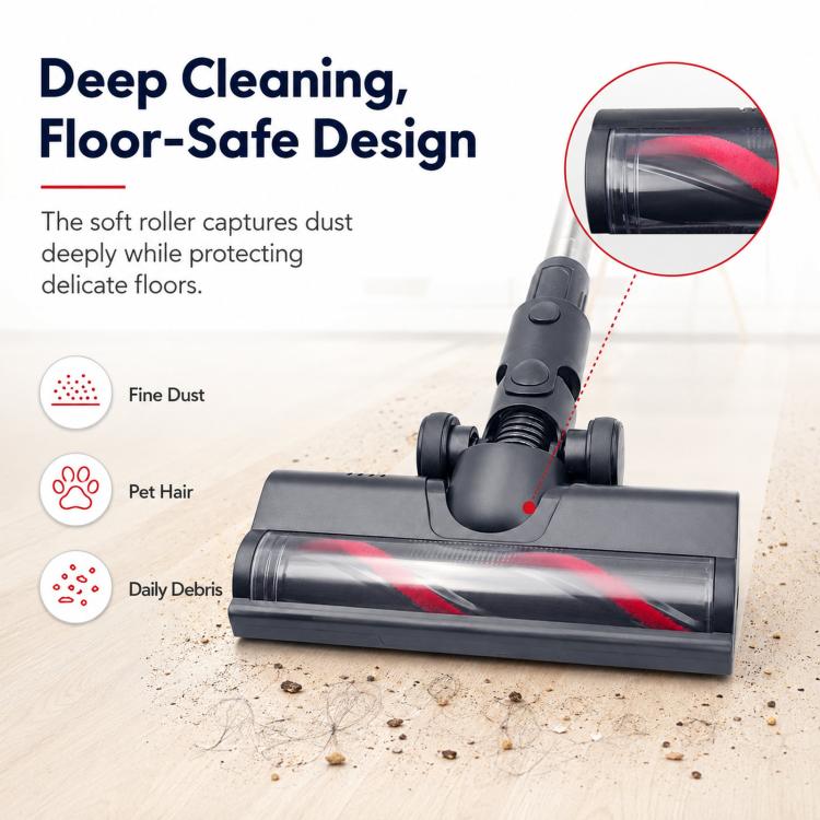 Motorized floor brush head with dark body and red-striped roller on hardwood floor