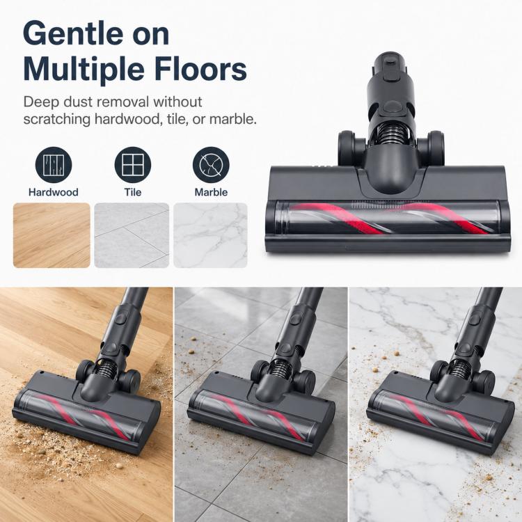 Motorized floor brush head with red-striped roller, shown on wood and tile flooring
