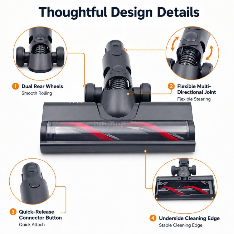 Motorized floor brush head with dual wheels and flexible multi-direction joint