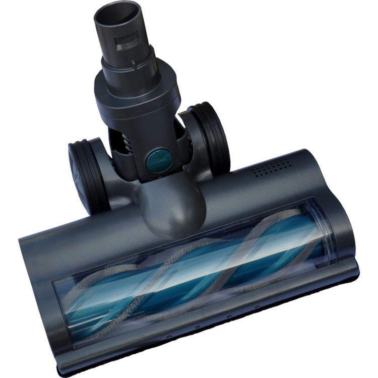 Motorized floor brush head with blue bristle roller and dual side wheels