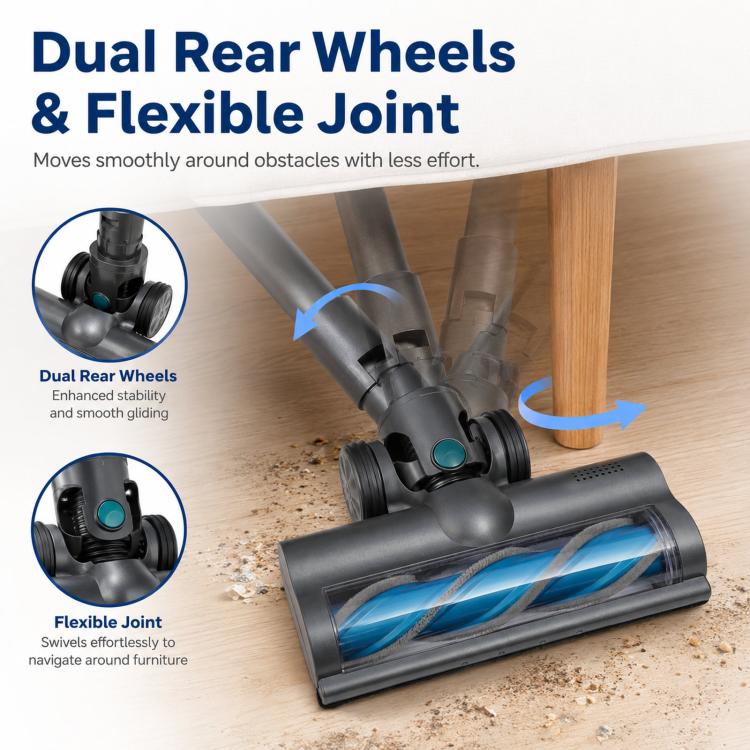 Motorized floor brush head with flexible joint and dual rear wheels