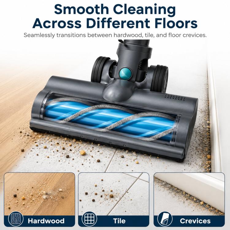 Motorized floor brush head with blue bristle roller and wide cleaning nozzle
