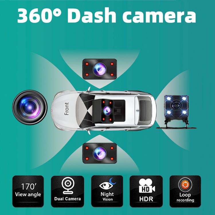 Vehicle 360 dash cam with multiple camera lenses for front and side viewing
