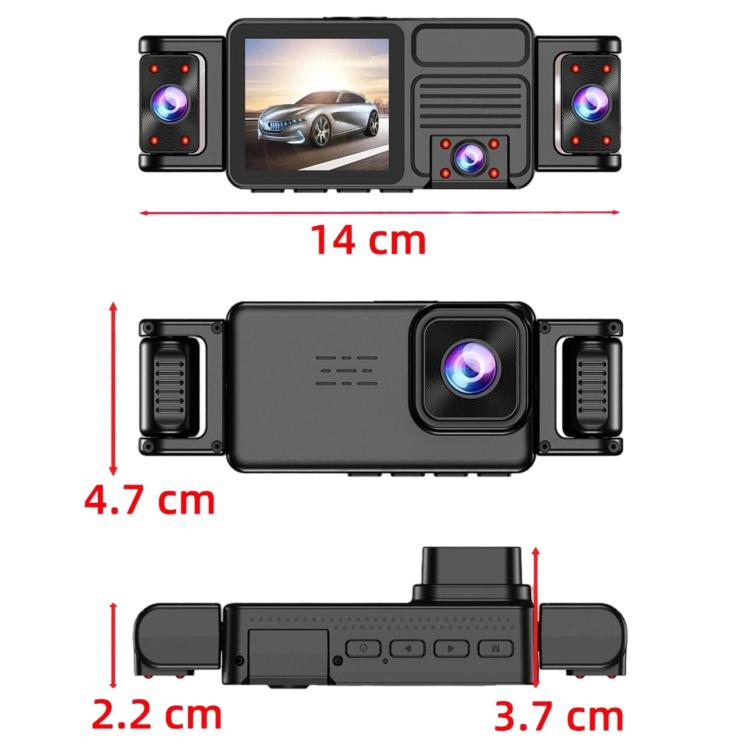 Vehicle dash cam with front and side camera modules shown with size measurements
