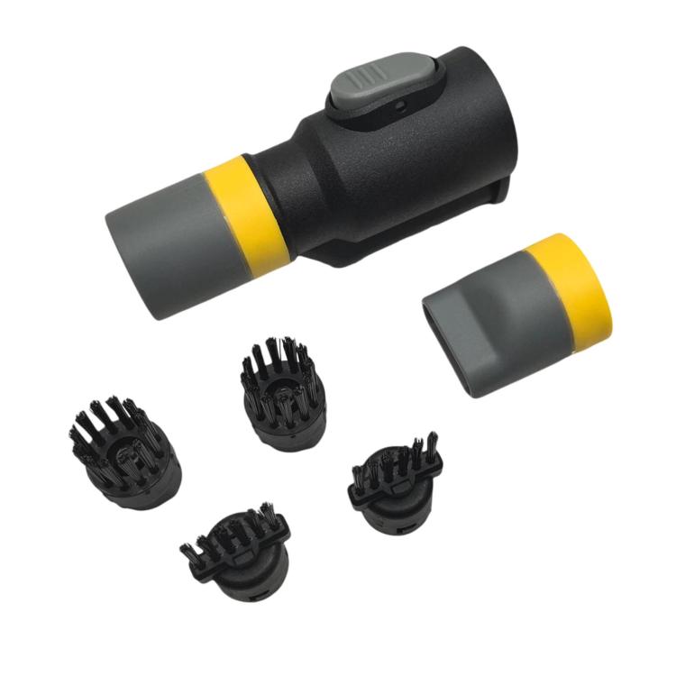 Shoe washing brush attachment with black nozzles and yellow ring, plus multiple brush heads