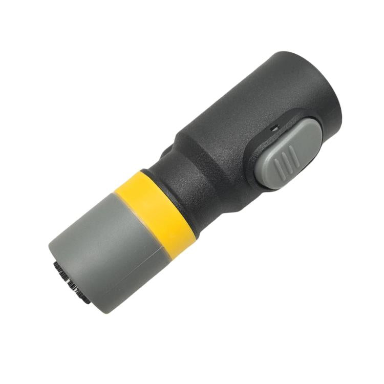 Shoe washing brush nozzle with yellow band, gray front brush head, and black handle