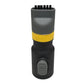 Shoe washing brush attachment with black body, gray top, and yellow ring button area