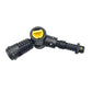 Pressure washer T-valve connector with black hoses and yellow cap button