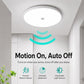 Round white flush-mount LED ceiling light with motion sensing and auto shutoff