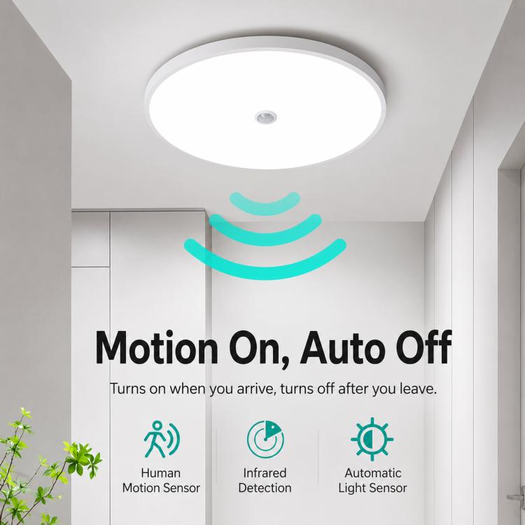 Round white flush-mount LED ceiling light with infrared motion detection