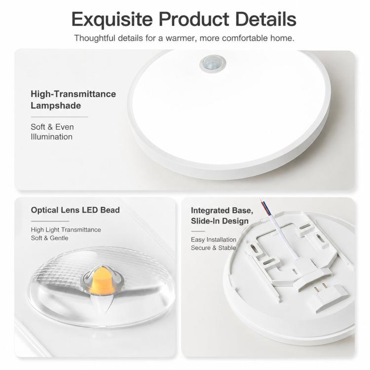 Round white LED ceiling light with optical lens and integrated mounting base