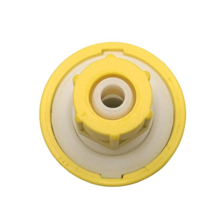 Yellow inlet cap with central opening and hose fitting