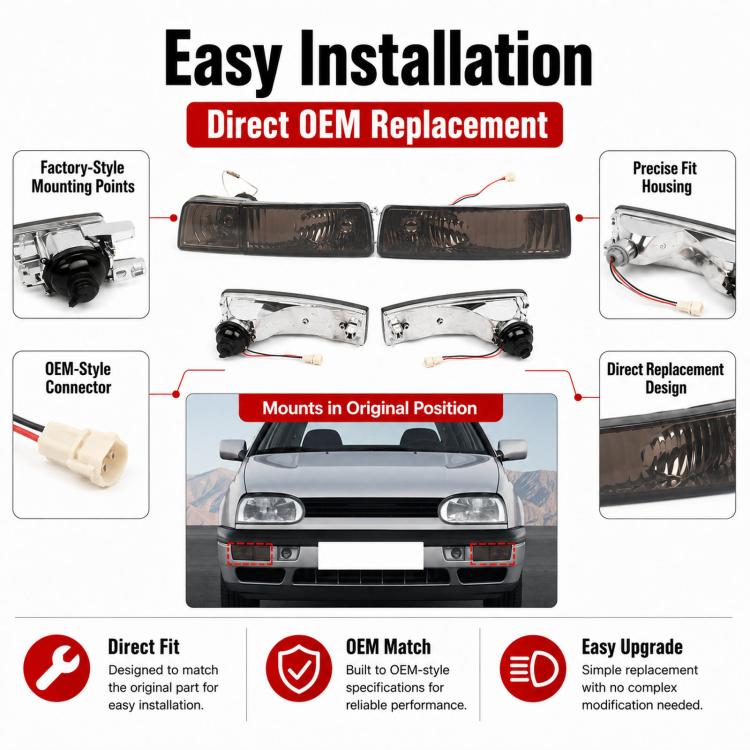Front bumper light set with wiring harness and mounting points, left and right