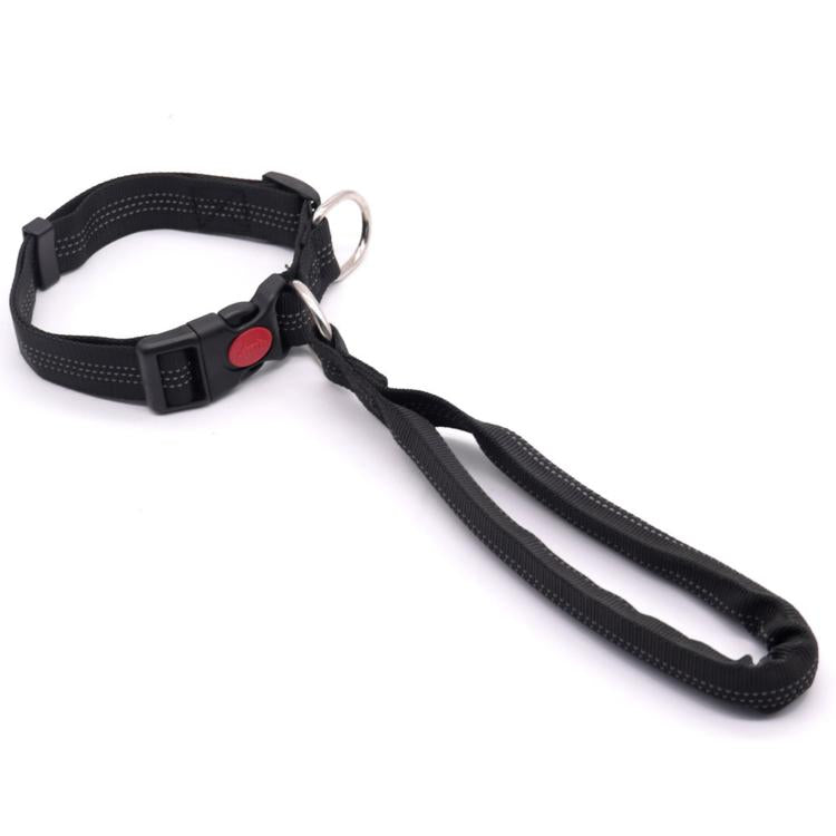 Black nylon dog collar with integrated control handle leash and safety lock buckle