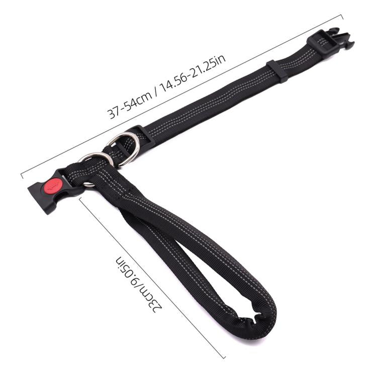 Black nylon dog collar leash set with integrated control handle shown with size guide