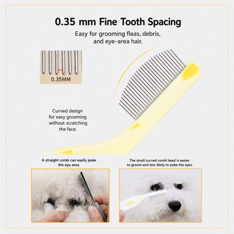 Pet facial and eye comb diagram highlighting 0.35mm fine-tooth spacing