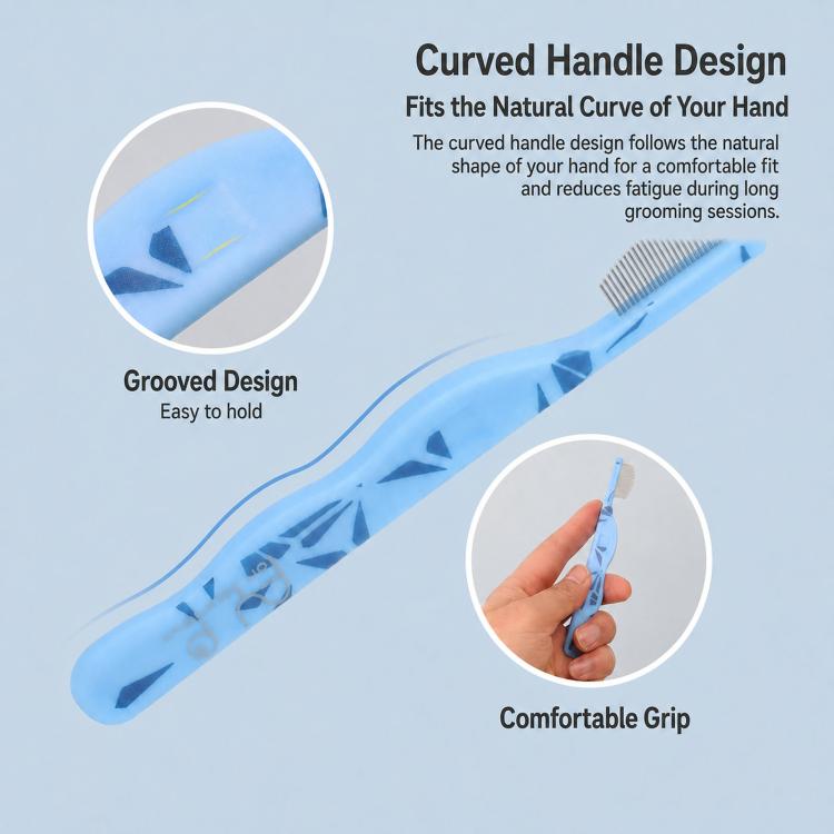 Blue curved pet facial and eye comb with comfort grip and fine metal teeth