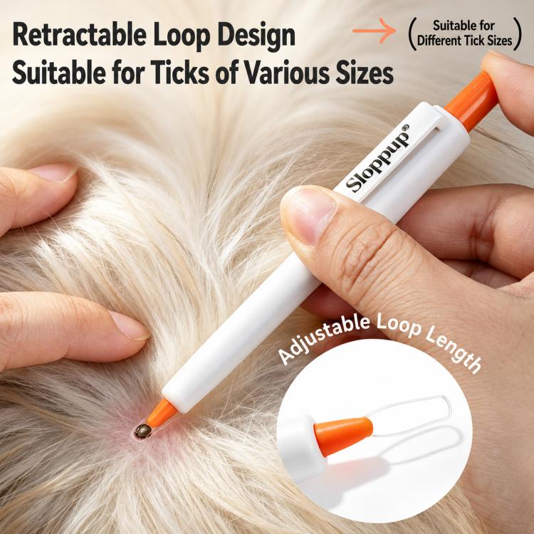 Retractable tick remover loop pen with orange cap and white handle, for pets