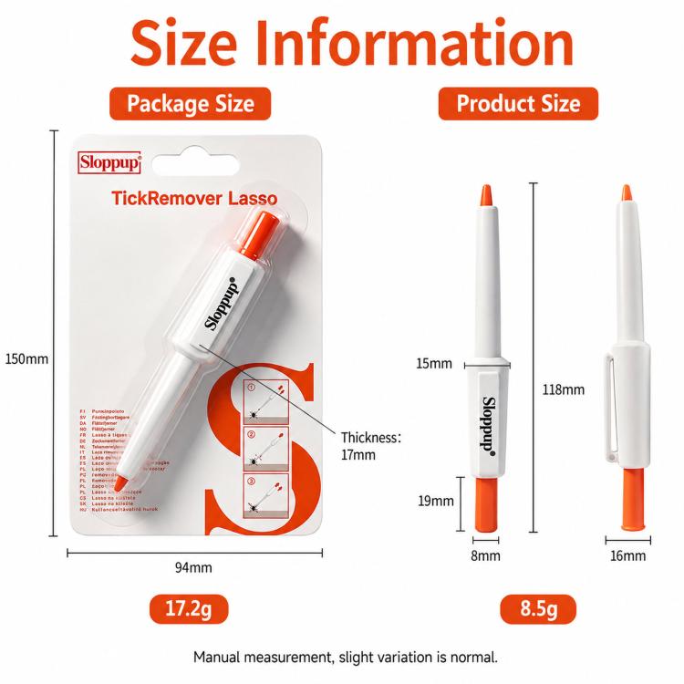 Tick remover pen with size information diagram, white body and orange loop cap