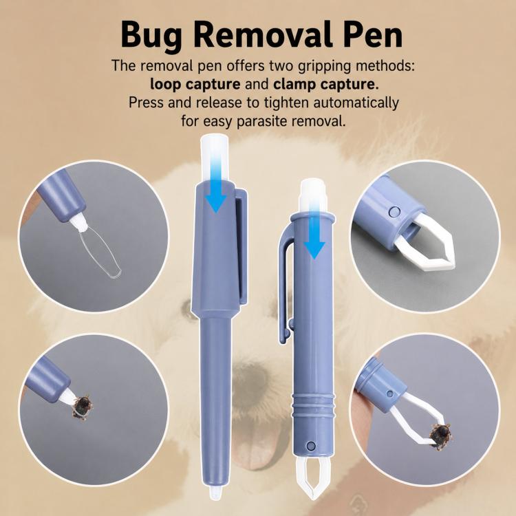 Bug removal pen tool in blue with loop-capture design for gripping and removing ticks