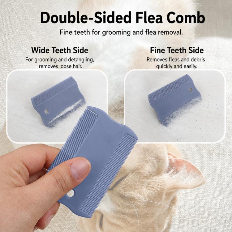 Double-sided flea comb with blue wide and fine teeth for grooming and debris removal