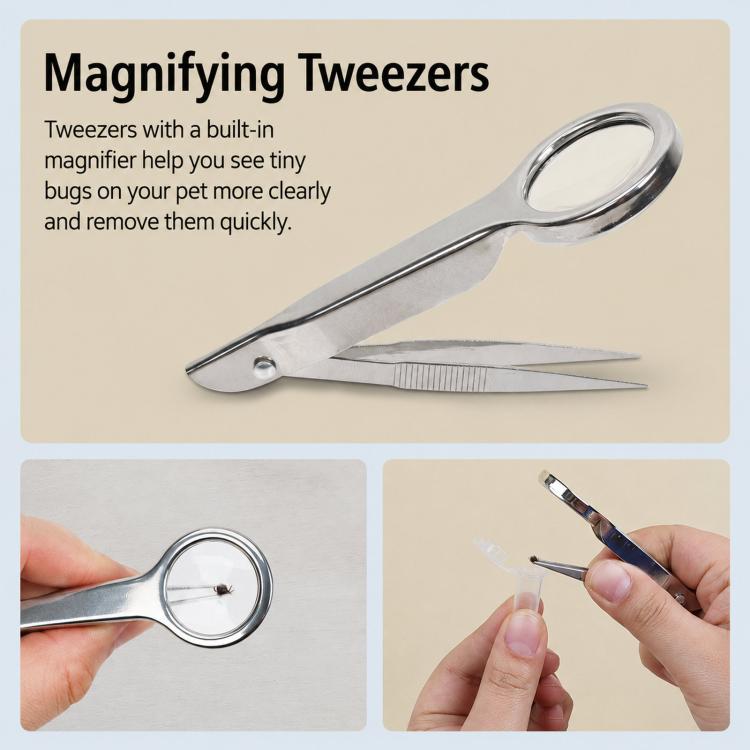 Magnifying tweezers with chrome tips and magnifier for removing tiny bugs