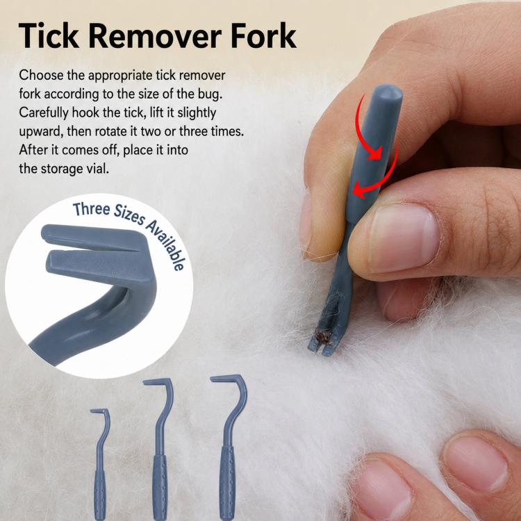 Tick remover fork tools with blue prongs for hooking and lifting ticks