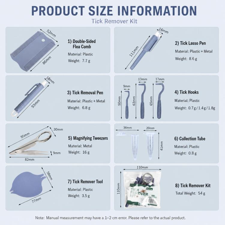 Tick remover kit size information chart with tool dimensions