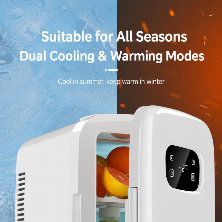 White mini refrigerator cooler box with front digital display and closed door