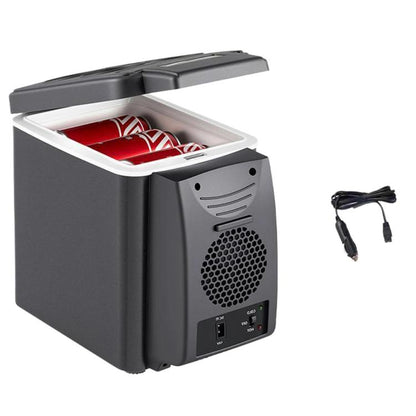Portable 6L car mini fridge, dark gray, open flip-top lid with control panel
