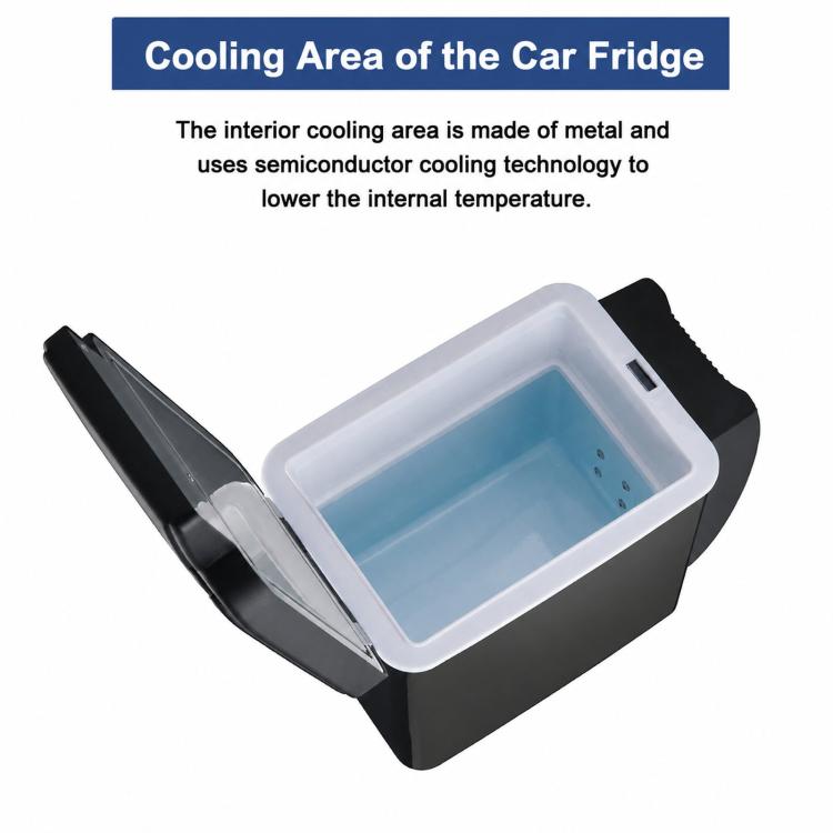 Portable car mini fridge with open lid, showing blue interior cooling area