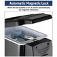Portable car fridge cooler, black lid open with bottles and cans inside