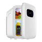 White mini portable fridge with open door and front digital display; beverages and produce inside.